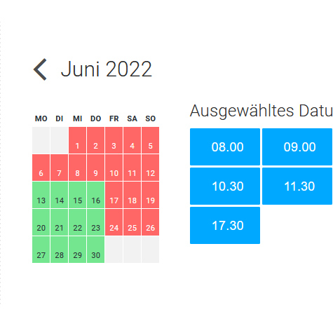Screenshot der Online-Terminbuchung (Ausschnitt), links ist ein Monatskalender zu sehen, rechts Buttons mit den noch freien Uhrzeiten für den gewählten Tag